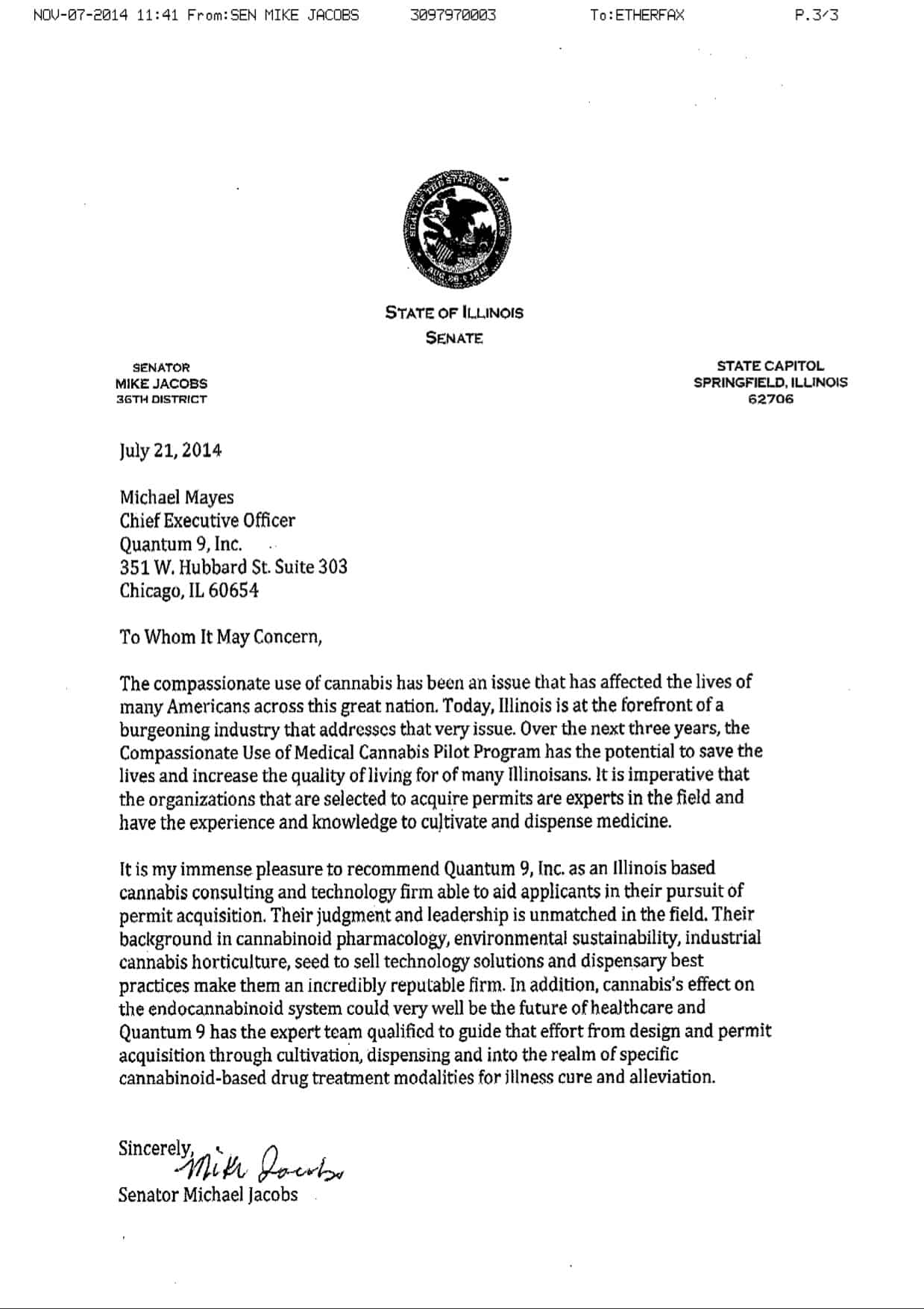 IL Senator Jacobs Letter if Rec